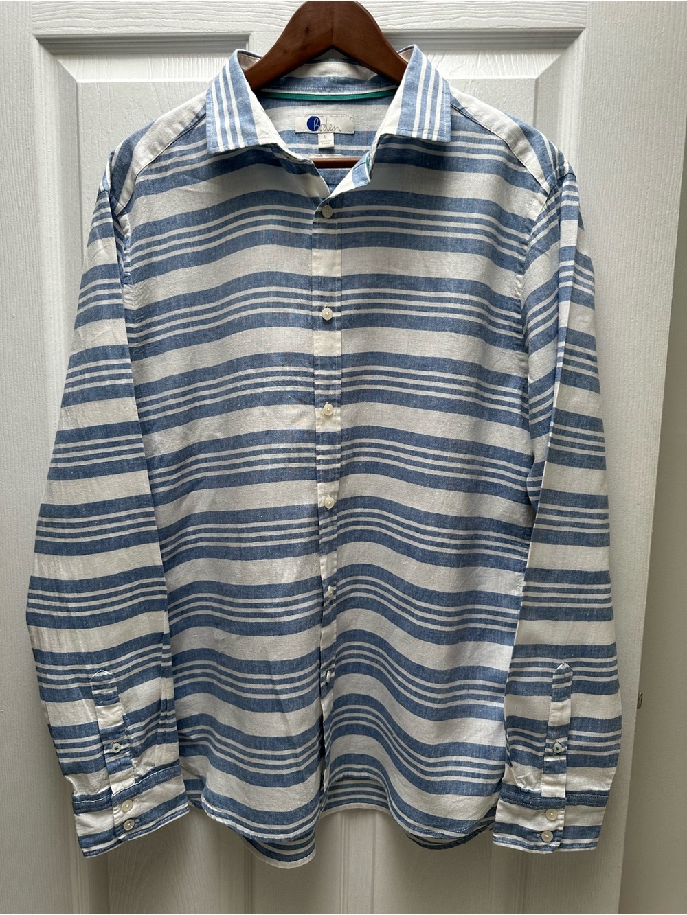Boden Men's Blue & White Striped Linen Cotton Shirt Size L Regular Fit M0797